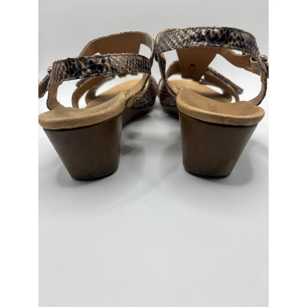 Vionic Snakeskin Strappy Wedge Sandals Brown Animal Print Orthotic Womens 9 Wide